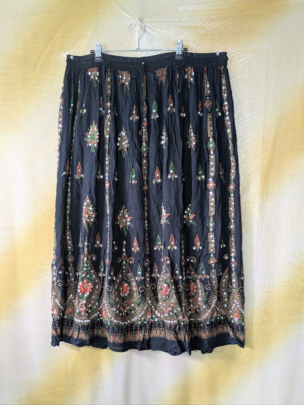 -Vintage Bohemian Embroidered & Sequined Maxi Skirt Large Tribal Festival Gypsy